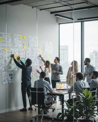 Corporate Strategy Workshop with Colorful Ideas Wall